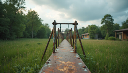 Rusty suspension bridge over grassy field