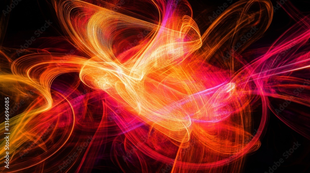 Poster abstract spiral lines in varying thicknesses against a dark background, creating a sense of motion a