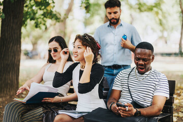 A diverse group of young people relax in a park setting, engaging in casual conversation and enjoying a break from work. The scene captures teamwork and the blending of work and leisure.
