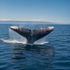 Fototapeta premium A stunning blue whale breaching above a sparkling blue ocean under a clear sky.