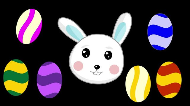 Animated video of an easter bunny head with several colorful eggs on a black background, art, cartoon, chocolate.