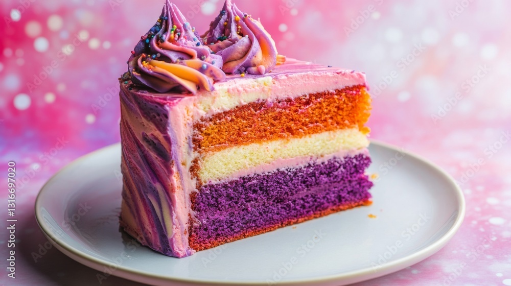 Poster an artistic presentation of a layered cake with colorful frosting swirls, placed on a bright backgro