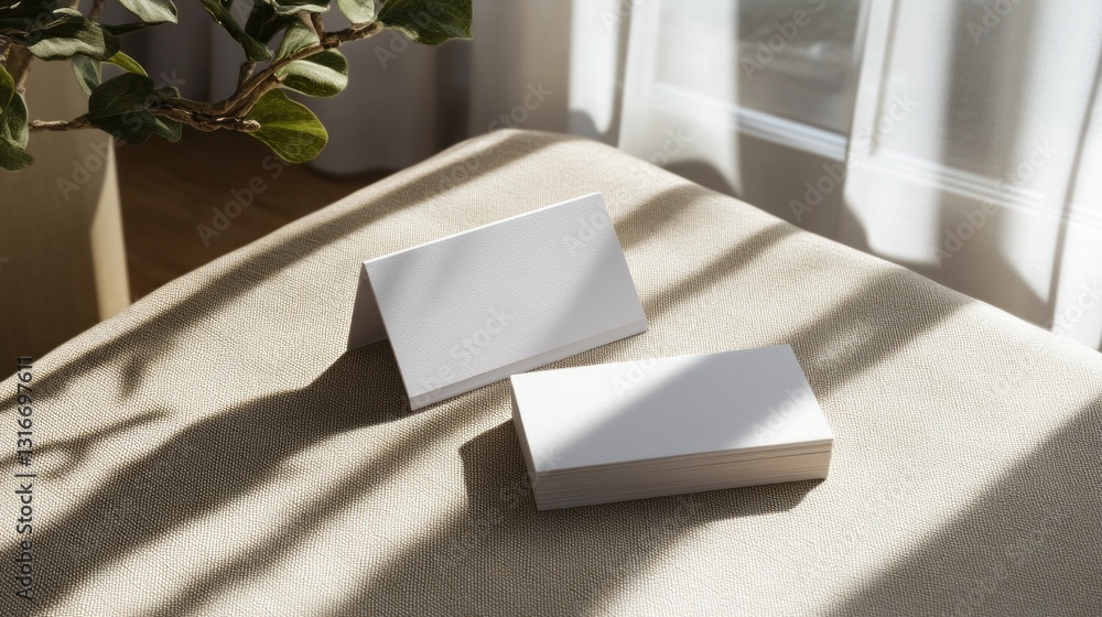 Poster in a sunlit room, two elegant blank cards rest on a textured surface, their soft shadows stretching 