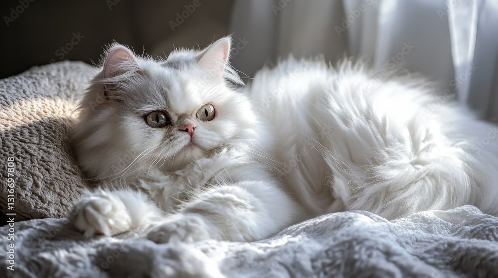 Poster An elegant Persian cat lounging on a plush cushion, basking in the soft sunlight streaming through a window, showcasing its luxurious fur and serene expression.