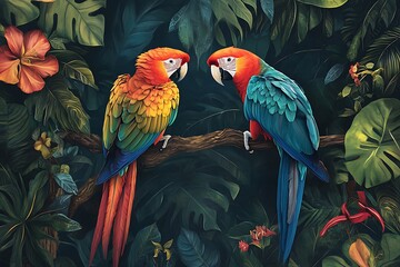 Fototapeta premium Stunning Macaw Parrots in Lush Tropical Rainforest Artwork