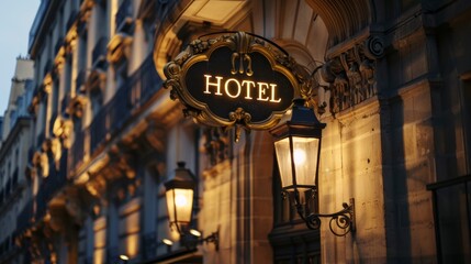 "Elegant Parisian Hotel Sign Against Classic Architecture"