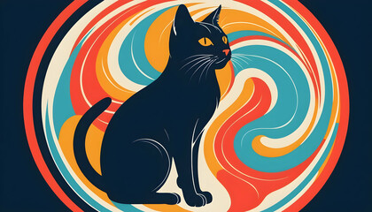 Black Cat Silhouette with Colorful Swirl Background Art Design