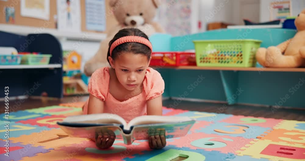 Poster girl, student and reading book in school, learning english and language development at academy. chil