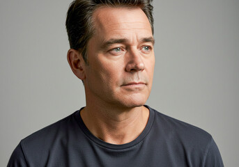 Fototapeta premium A middle-aged man with short dark hair, blue eyes, and a serious expression, wearing a dark t-shirt against a neutral gray background. His gaze is focused to the side, giving a thoughtful look.