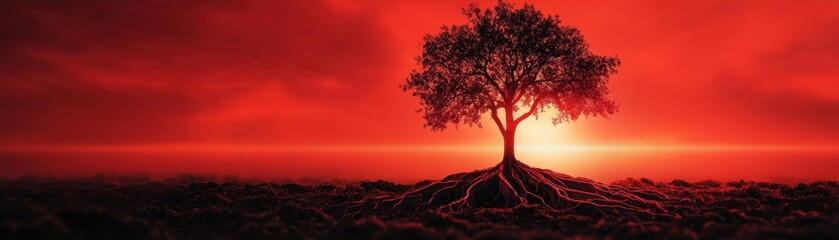 Tree with Roots and Branches Forming a Global Network at Sunset