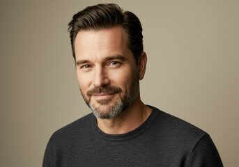 Fototapeta premium A confident middle-aged man with neatly styled dark hair, a well-groomed salt-and-pepper beard, and a warm smile, wearing a dark sweater against a neutral background.