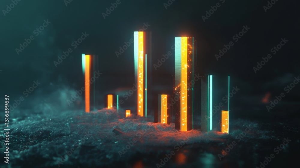 Leinwandbilder a d rendering of a financial graph with bars representing growth, illuminated against a dark backdro