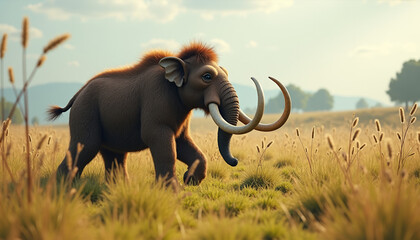 Naklejka premium Woolly mammoth walking through grassy prehistoric landscape