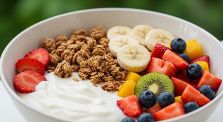 Fototapeta premium Yogurt parfait vibrant fruits healthy breakfast. AI Generated