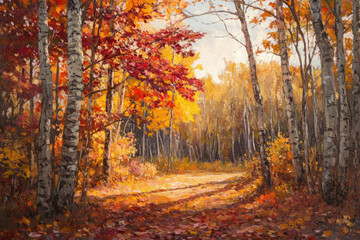 Fototapeta premium A vibrant autumn forest with trees in shades of red, orange, and yellow, fallen leaves covering the ground, soft light filtering through the branches