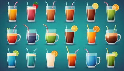 Colorful Beverage Collection with Straws and Fresh Fruit Garnishes