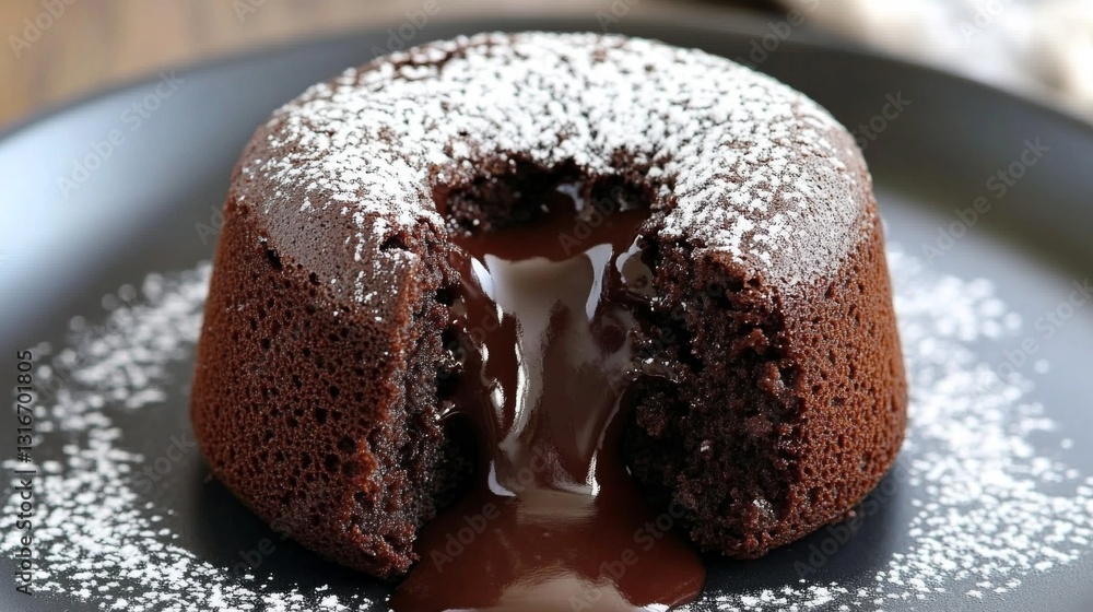 Poster A close-up of a chocolate lava cake with molten chocolate oozing from the center, served on a dark plate with a dusting of powdered sugar.