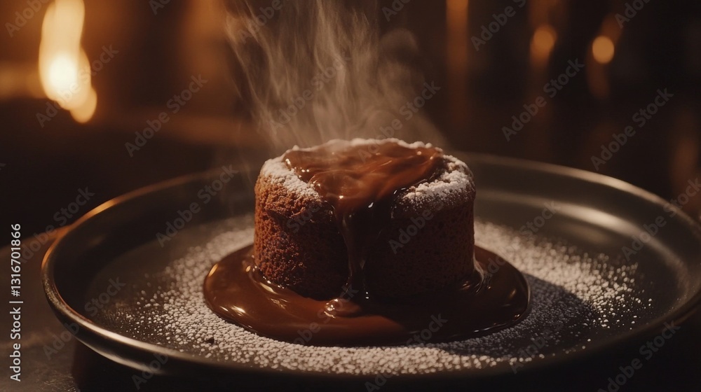 Poster A close-up of a chocolate lava cake with molten chocolate oozing from the center, served on a dark plate with a dusting of powdered sugar.