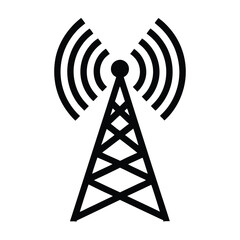 An illustration of a radio tower with transmission waves in a simple black design. Digital networks Graphic resource for design