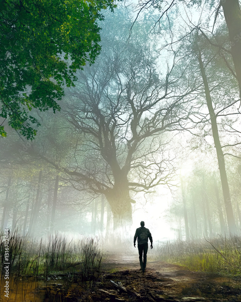 Poster walking through the misty forest towards the ancient tree at dusk in a haunting atmosphere