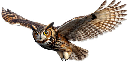 Fototapeta premium Owl Soaring, Wings Spread Wide on White