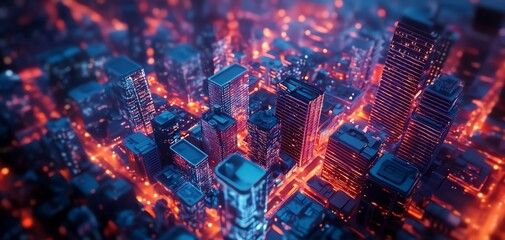 Vibrant aerial view of a futuristic city at night.  Neon lights illuminate skyscrapers and streets.  Perfect for technology, urban, and cityscape themes.