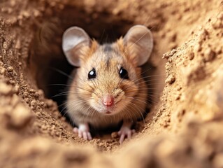 A close-up of a curious mouse peeking out from its burrow in the sandy ground, showcasing its adorable features and bright eyes.