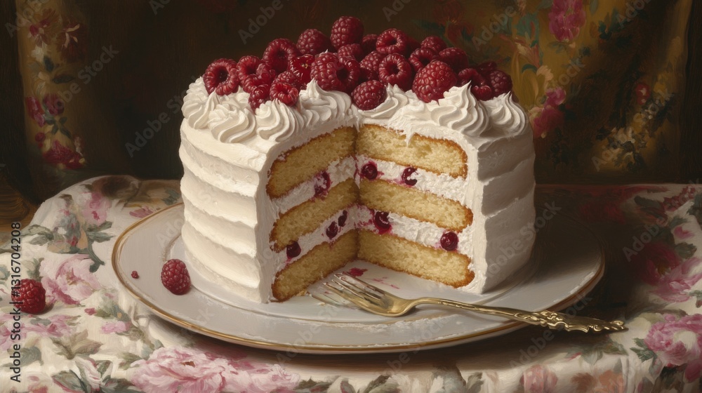 Poster a delightful sponge cake filled with whipped cream and berries, sliced to reveal the layers, sitting