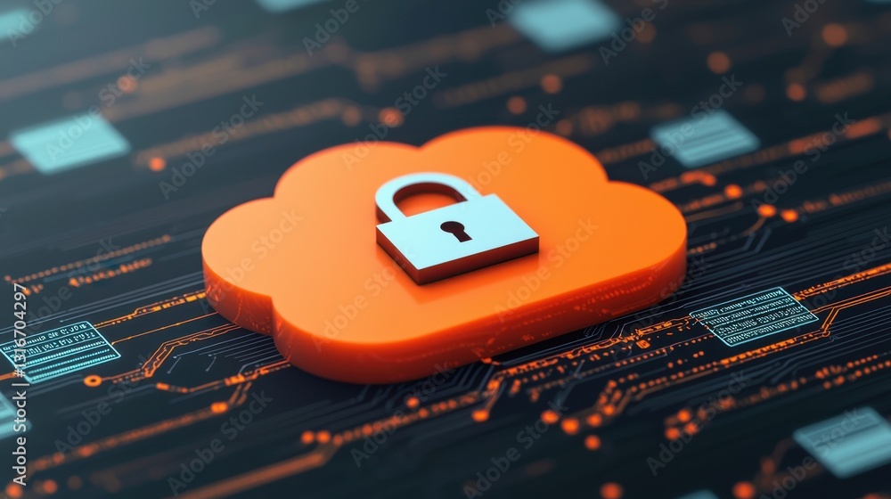 Poster a digital cloud icon featuring a padlock symbol, representing cybersecurity and data protection in a