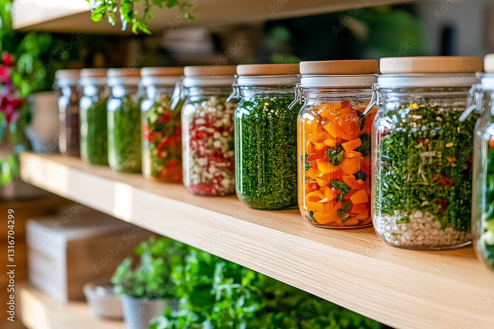 Poster glass jars filled with colorful preserved vegetables are neatly arranged on wooden shelves, creating