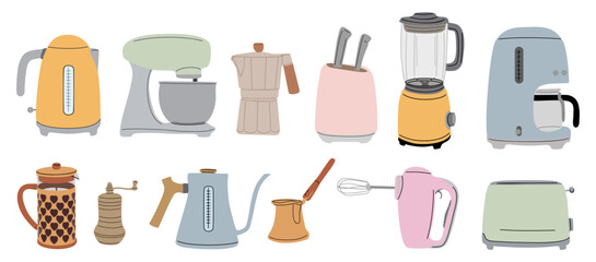 Kitchenware set. Kitchen utensils, tools, equipment for cooking. Cook appliances and accessories collection. Flat vector illustrations of cookware objects isolated on transparent background
