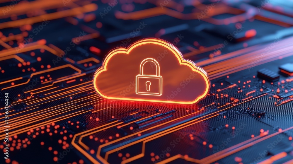 Poster a digital illustration of a cloud with a padlock, symbolizing data security and privacy in cloud com