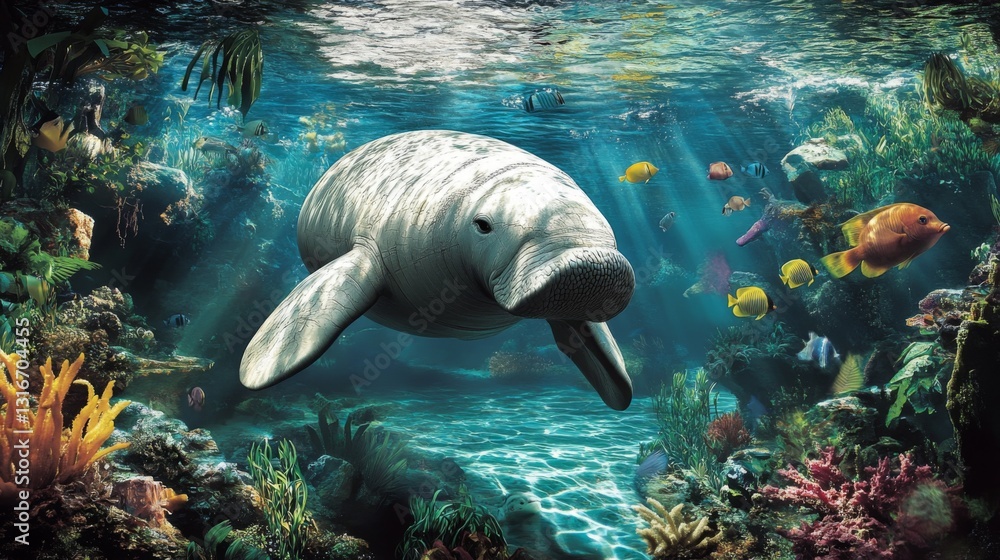 Aufkleber a dugong playfully interacting with floating seaweed in a tranquil lagoon, surrounded by tropical fi