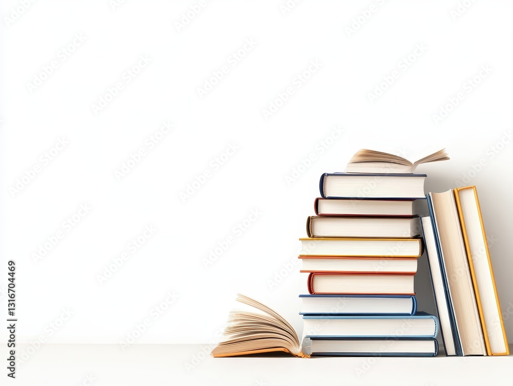 Poster a neatly arranged stack of colorful books on a clean white surface with open pages