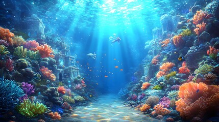 Naklejka premium Imaginative Underwater Kingdom with Magical Coral and Fish Life