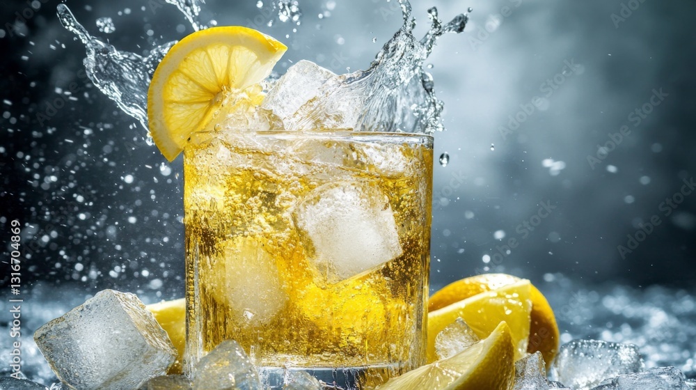 Aufkleber A dynamic shot of ice cubes splashing into a glass of lemonade, capturing the lively movement and the refreshing nature of the drink, ideal for summer heat.