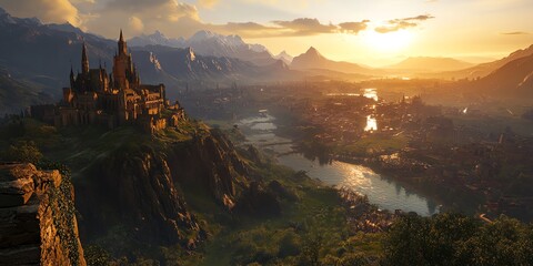 Naklejka premium Epic sunset view of a majestic castle perched atop a mountain, overlooking a sprawling valley and river. Fantasy landscape.