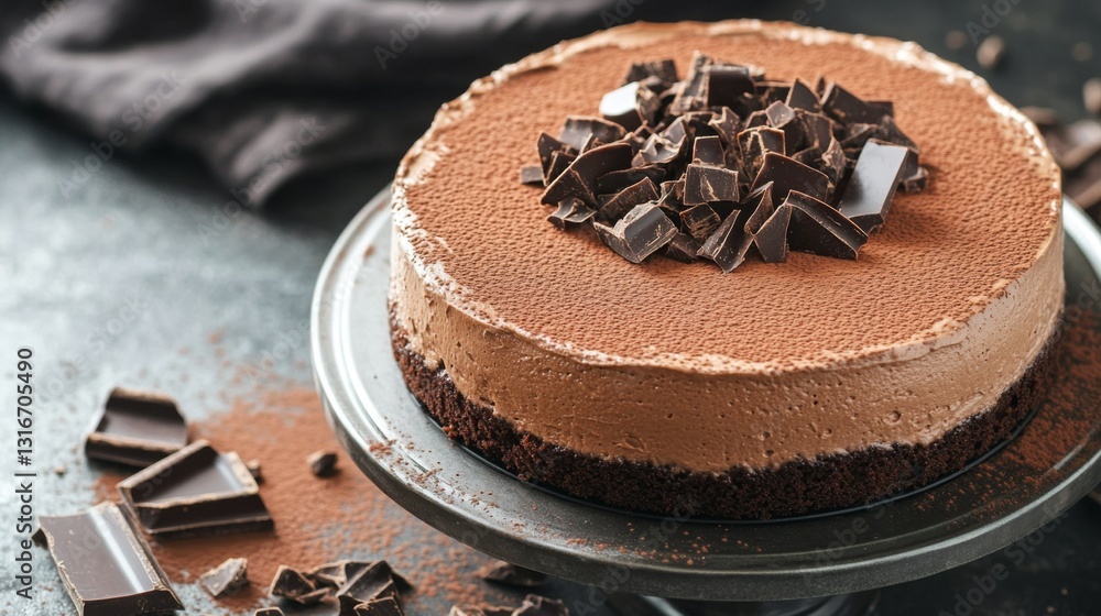 Poster a high-angle view of a chocolate mousse cake on a cake stand, surrounded by cocoa powder and chocola