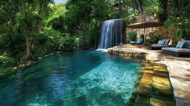 Majestic waterfall plunging into a crystal-clear pool, surrounded by lush greenery