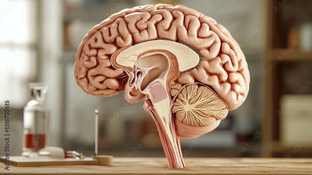 Poster a high-resolution image of a human brain dissected to reveal its internal structures, including the 