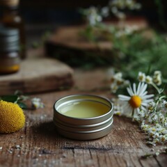 Chamomile salve being prepared in a small tin, styled with natural ingredients