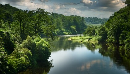 
Fotografía profesional, tranquila belleza de un río serpenteante, deslizándose elegantemente a través de un panorama verde, sus aguas tranquilas refleja el mundo encantador que lo envuelve, 4k