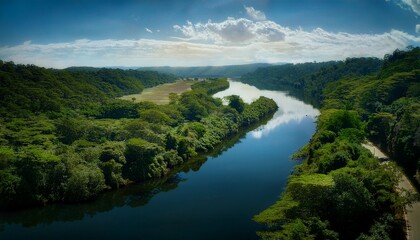 Naklejka premium Fotografía profesional, tranquila belleza de un río serpenteante, deslizándose elegantemente a través de un panorama verde, sus aguas tranquilas refleja el mundo encantador que lo envuelve, 4k