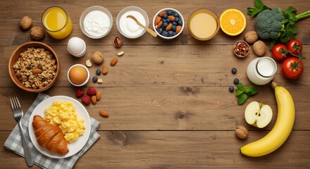 Fototapeta premium Healthy Breakfast Foods Arranged on Rustic Wooden Table. AI Generated