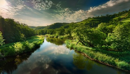 Fototapeta premium Fotografía profesional, tranquila belleza de un río serpenteante, deslizándose elegantemente a través de un panorama verde, sus aguas tranquilas refleja el mundo encantador que lo envuelve, 4k
