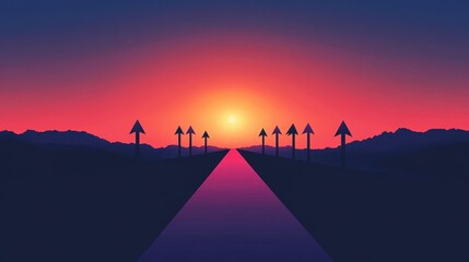 A colorful sunset over a pathway lined with arrows