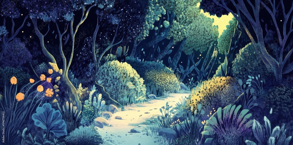 Poster a mysterious winding path through a lush and enchanting forest