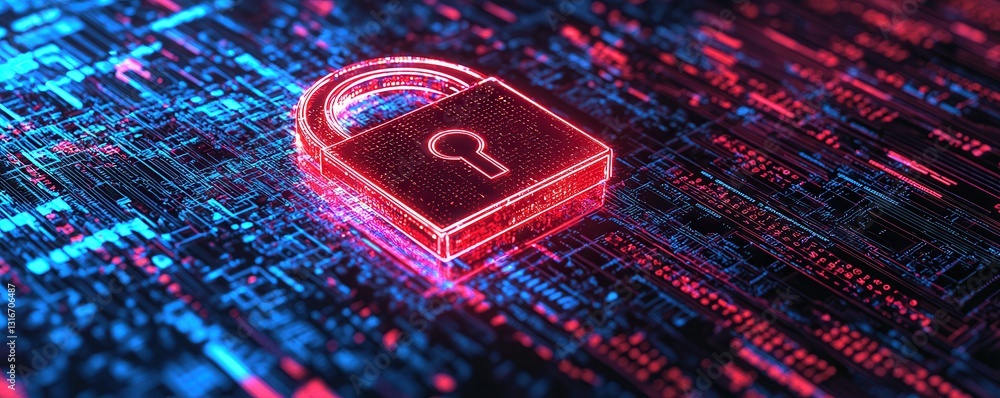 Poster a glowing digital lock symbol amidst a vibrant matrix of blue and red data streams, representing cyb