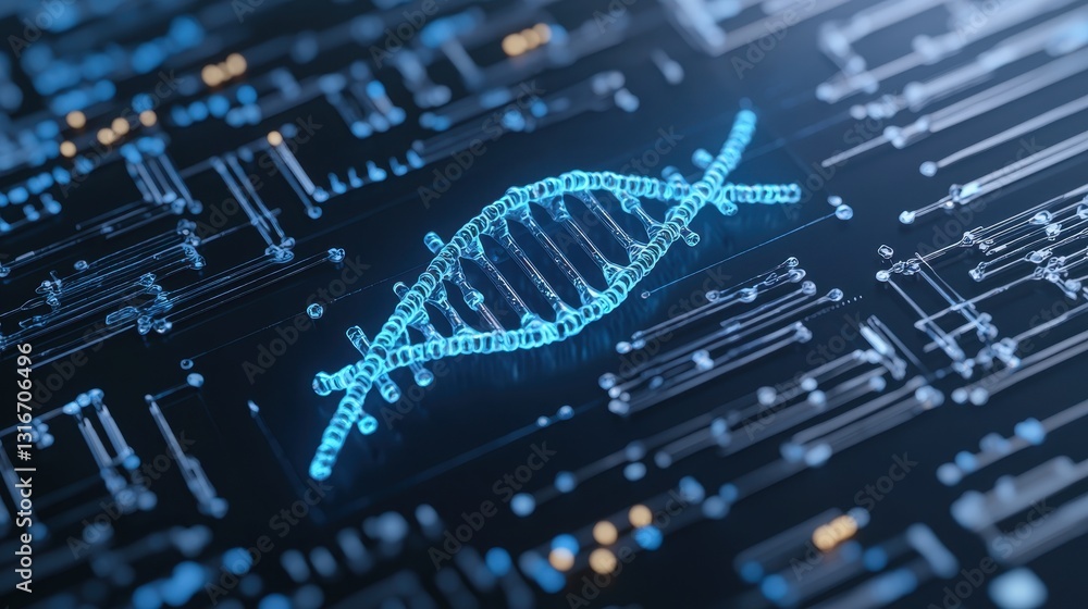 Poster a digital representation of dna intertwined with circuit patterns, symbolizing the fusion of biology