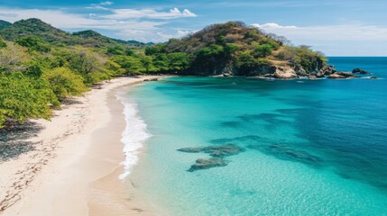 Obraz premium A picturesque coastal view with a clean beach, clear waters, and vibrant marine life, emphasizing the need for conservation efforts to combat climate change.